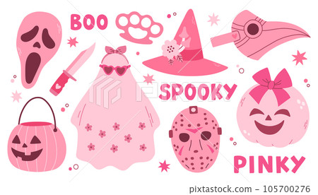 Pink Halloween vector set with ghost, skull, masks, pumpkin, stars. Pink print in flat style. Halloween lettering quote 105700276