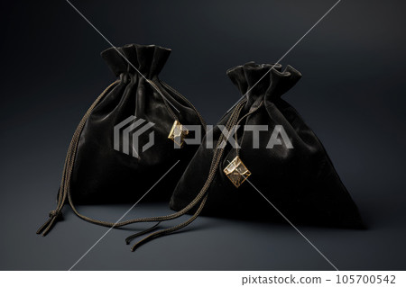 Black suede fabric bags with laces, decorated with stones and amulets for jewelry 105700542