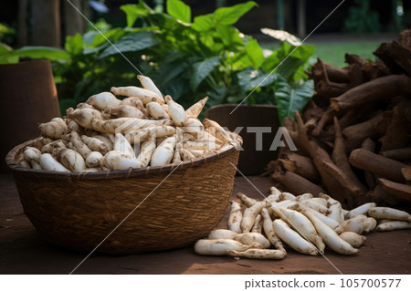 A pile of raw cassava in cassava production 105700577