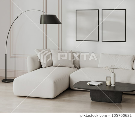 blank poster frame mock up in living room interior in black and white, french style with moldings, white sofa and wall, 3d rendering blank poster frame mock up in living room interior in black and white, french style with moldings, white sofa and wall, 3d rendering 105700621