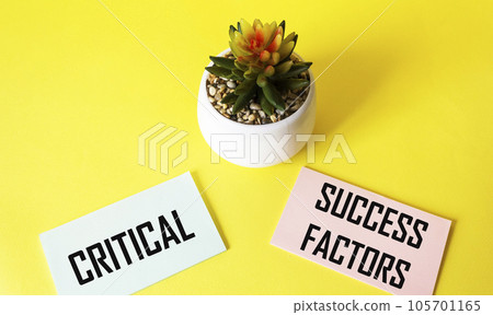 Notepad with the text CRITICAL FACTORS OF SUCCESS on a yellow background with a cactus flower Notepad with the text CRITICAL FACTORS OF SUCCESS on a yellow background with a cactus flower 105701165
