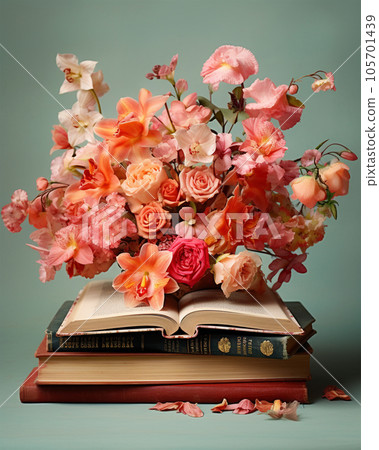 Autumn red brown decoration with leaves and flowers and books. Generative AI 105701439