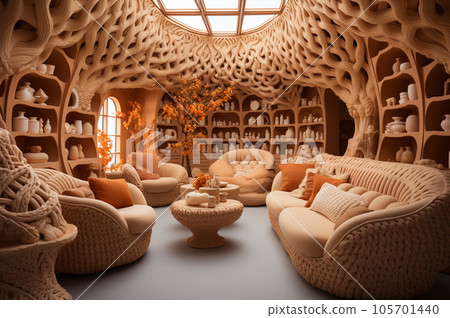 Retro style knitted cozy living room in beige and coffee. Generative AI 105701440