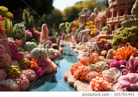 Crocheted garden with small blue river. Generative AI 105701441