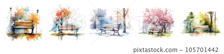 Watercolor illustration of bench in park in every season. Generative AI 105701442