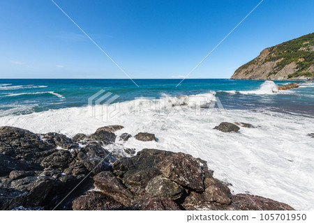 Rocky Coast and Cliffs of the Mediterranean Sea in Liguria Italy 105701950