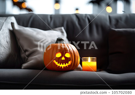Festive halloween decoration in living room. Modern interior. Generative AI. 105702080