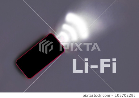 Red Smartphone on a gray studio background with light Emitting data. Li-Fi wireless communication concept. Light-Fidelity. W-Lan technology, internet and networking. High speed connection. Wi-Fi sign. 105702295