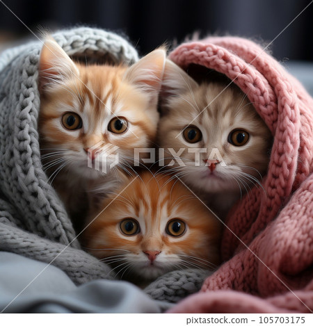 A group of charming and adorable kittens nestled together in a comfortable blanket fortress. A group of charming and adorable kittens nestled together in a comfortable blanket fortress. 105703175