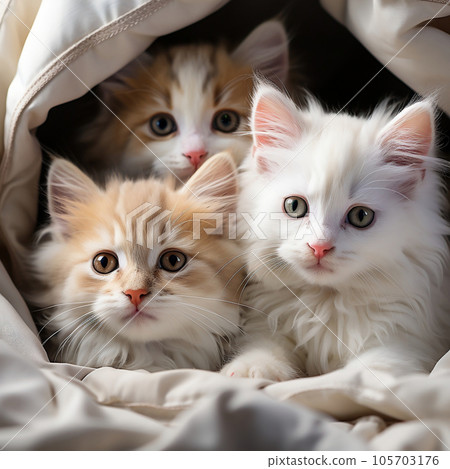 A group of charming and adorable kittens nestled together in a comfortable blanket fortress. 105703176