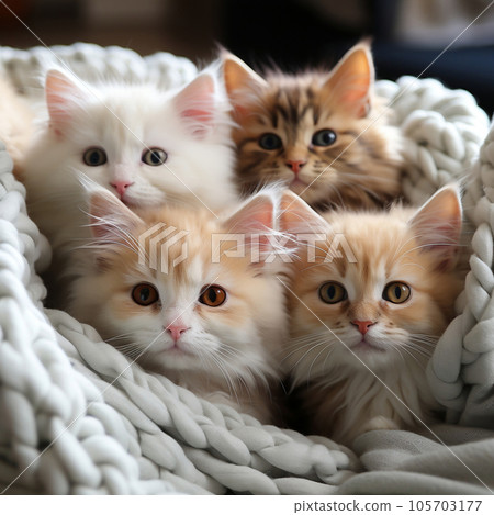 A group of charming and adorable kittens nestled together in a comfortable blanket fortress. A group of charming and adorable kittens nestled together in a comfortable blanket fortress. 105703177