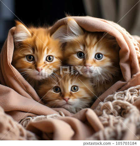 A group of charming and adorable kittens nestled together in a comfortable blanket fortress. A group of charming and adorable kittens nestled together in a comfortable blanket fortress. 105703184