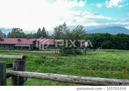Koiwai Farm at sunset in summer Koiwai Farm with red-roofed cowshed and Mt. Iwate 105703339