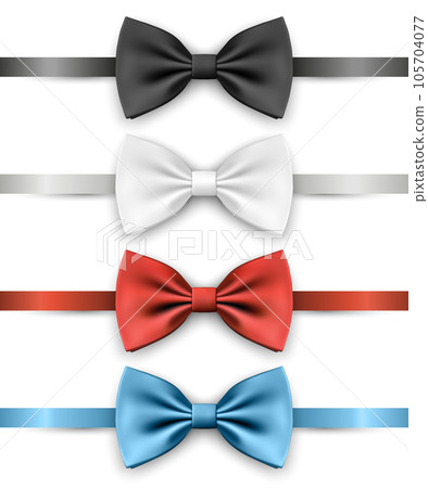 Vector 3d Realistic Blue, Black, Red, White Bow Tie Icon Set Closeup Isolated. Silk Glossy Bowtie, Tie Gentleman. Mockup, Design Template. Bow tie for Man. Mens Fashion, Fathers Day Holiday 105704077