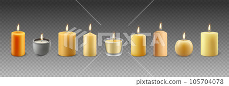 Vector 3d Realistic Different Paraffin Wax Burning Party, Spa Candles Set with Flame of a Candle, Isolated. Candle Design Template Collection, Front View 105704078