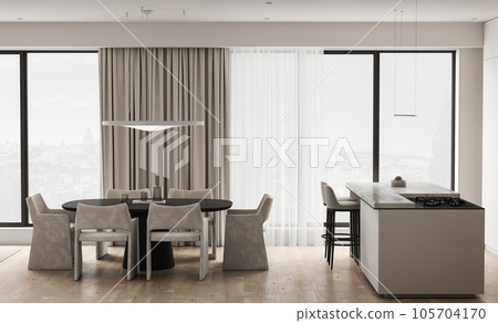 Wooden beige livingroom interior with black dining table and lamp. Minimalism Japanese natural room on parquet floor. Large window with countryside. 3d rendering. High quality 3d illustration 105704170