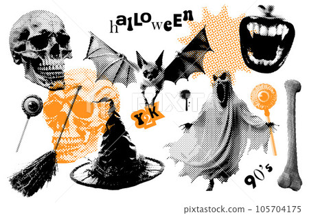 Set of halftone illustrations for Halloween decoration in retro offset style. Big collection with traditional elements - bat. skull. gost, zombie eye, witch's broom and hat. 90s vector illustration. 105704175
