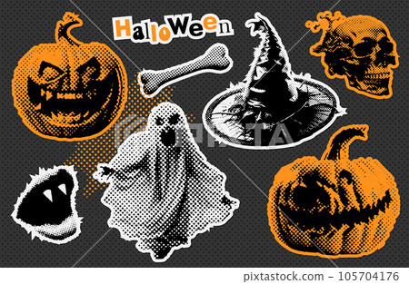 Halloween paper stickers with halftone collage elements. Halftone pumpkin, witch's hat, ghost, vampire's lips, skull bone collection. Trendy vintage vector illustration. 105704176