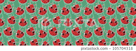 Cartoon watermelon pattern on a green background. Vector flat illustration. Cartoon watermelon pattern on a green background. Vector flat illustration. 105704318