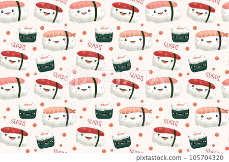 Hand drawn various kawaii sushi. Colored vector seamless pattern. Vector illustration. Hand drawn various kawaii sushi. Colored vector seamless pattern. Vector illustration. 105704320