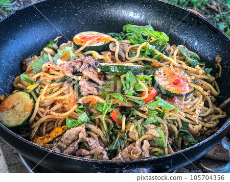 Summer vegetable yakisoba made at camp Summer vegetable yakisoba made at camp 105704356