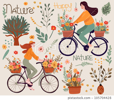 Adorable female riding a bicycle, basket adorned with fresh flowers, colorful tree, flowers and leaves around. Attractive lady on a bicycle. Sustainable travel idea. Vector Adorable female riding a bicycle, basket adorned with fresh flowers, colorful tree, flowers and leaves around. Attractive lady on a bicycle. Sustainable travel idea. Vector 105704428