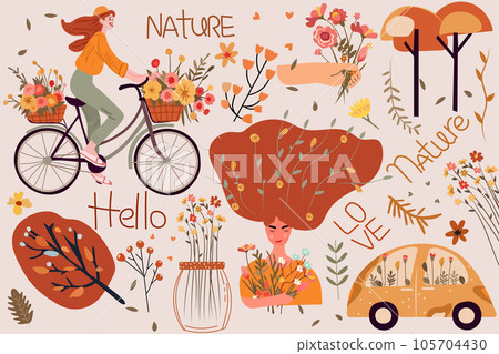 Adorable female riding a bike, basket adorned with fresh flowers, colorful tree, eco car, flowers and leaves around. Cute girl enjoying warm weather, doing physical health. Vector. 105704430