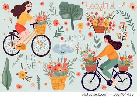 Adorable female riding a bicycle, basket adorned with fresh flowers, colorful tree, flowers and leaves around. Attractive lady on a bicycle. Sustainable travel idea. Vector 105704433