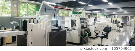 production line for printed circuit board manufacturing mounted in workshop production line for printed circuit board manufacturing mounted in workshop 105704902