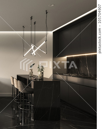 Modern luxury interior side view. Kitchen with bar chairs, kitchenware and dark marble floor. High quality illustration 3d rendering 105704907