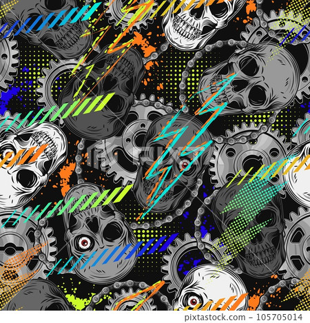 Pattern with skulls, gears, neon lightning 105705014