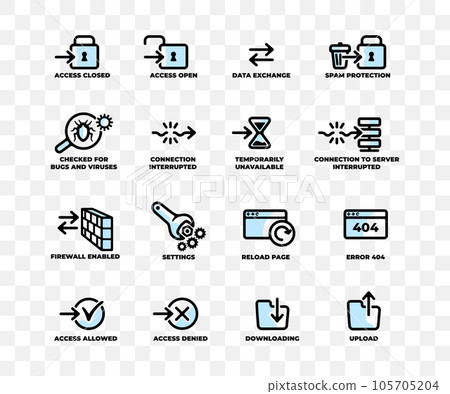 Set of computer web icons, internet and network, graphic design. Technology, innivation, server, hosting, cyber security and data protection, vector design 105705204