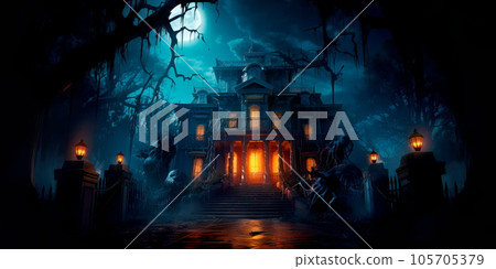haunted mansion with ghostly apparitions, creaking doors, and flickering candlelight. Generative Ai 105705379