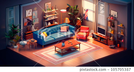 Isometric view living room open inside interior architecture Generative AI 105705387