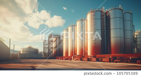 Large storage tanks and silos used for storing raw materials in an industrial facility. Generative Ai 105705389