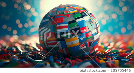 globe surrounded by flags of different countries, representing the diverse geopolitical landscape. Generative Ai 105705446