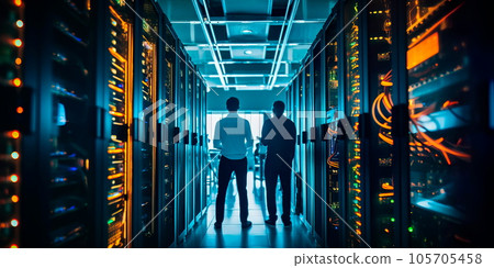 A modern data center with racks of servers, cooling systems, and technicians managing the digital infrastructure that powers our interconnected world. Generative AI 105705458