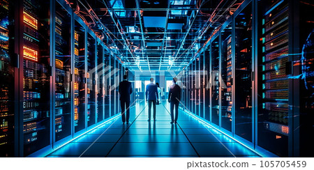 A modern data center with racks of servers, cooling systems, and technicians managing the digital infrastructure that powers our interconnected world. Generative AI 105705459