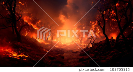 forest fire creating heat waves and smoke swirls. Generative AI 105705515