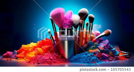 makeup brushes used for applying shadows, blush and highlighters. Generative AI 105705543