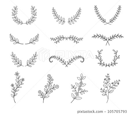 set of tree branches with leaves and flowers line style on white background 105705793