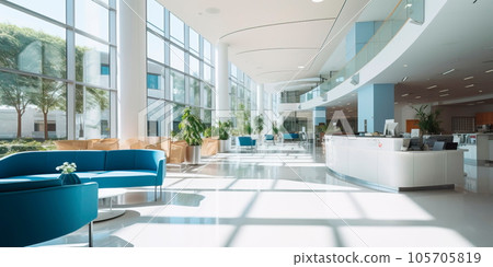 Detailed interior shots of a modern hospital lobby, showcasing the sleek design, comfortable seating areas, and welcoming atmosphere. Generative AI 105705819