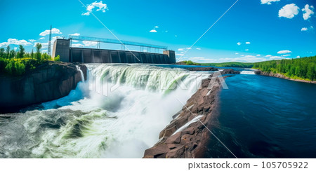 hydroelectric dam generating green energy from flowing water, with a cascading waterfall in the background. Generative Ai 105705922