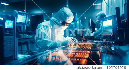 A modern electronics manufacturing plant with cleanrooms, precision equipment, and technicians assembling intricate electronic devices. Generative AI A modern electronics manufacturing plant with cleanrooms, precision equipment, and technicians assembling intricate electronic devices. Generative AI 105705928