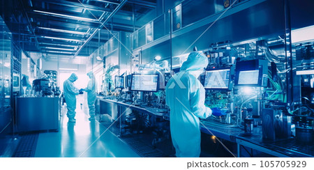 A modern electronics manufacturing plant with cleanrooms, precision equipment, and technicians assembling intricate electronic devices. Generative AI A modern electronics manufacturing plant with cleanrooms, precision equipment, and technicians assembling intricate electronic devices. Generative AI 105705929