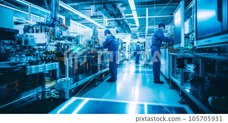 A modern electronics manufacturing plant with cleanrooms, precision equipment, and technicians assembling intricate electronic devices. Generative AI 105705931