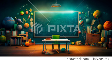 back to school theme, featuring a chalkboard background adorned with educational icons and symbols. Generative Ai 105705947