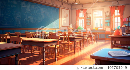 back to school background, showcasing a classroom setting with desks, chalkboards, and students engaged in learning. Generative Ai 105705949