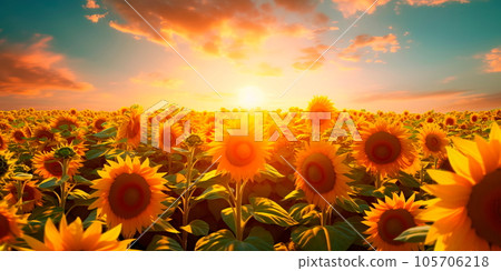 Vibrant sunflower field stretching as far as the eye can see, petals reaching towards the sun Generative AI Vibrant sunflower field stretching as far as the eye can see, petals reaching towards the sun Generative AI 105706218