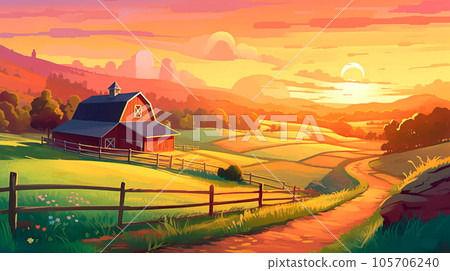 peaceful countryside Labor Day background featuring farms, barns, and rolling hills, illustrating the importance of agriculture and rural communities in our society. Generative AI 105706240